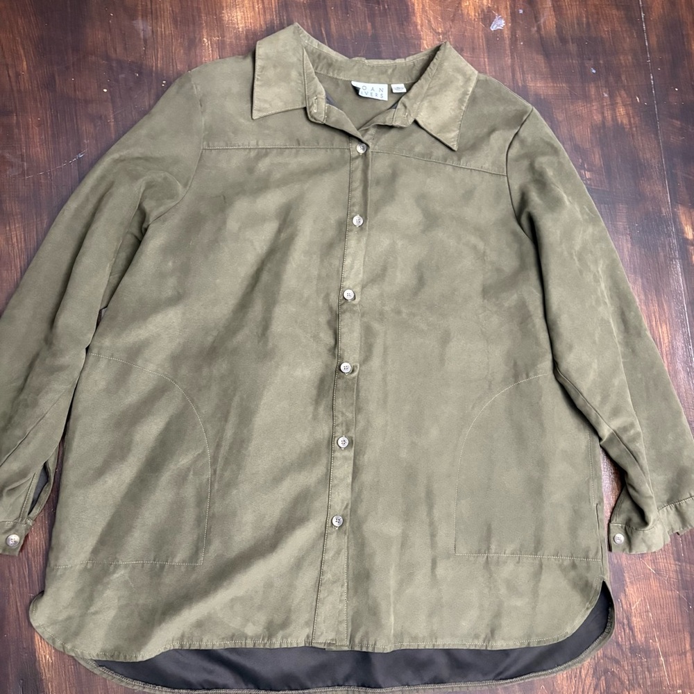 Joan Rivers faux suede button up top